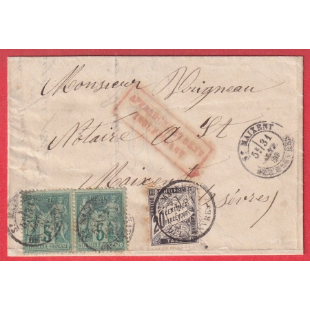 LETTRE LOCALE TAXEE N°75 PAIRE ST MAIXENT DEUX SEVRES TAXE TYPE DUVAL 20C NOIR 1884