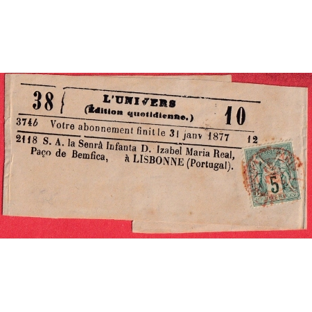 N°75 SEUL SUR BANDE CAD ROUGE DES IMPRIMES PARIS PP POUR LISBONNE PORTUGAL 1876