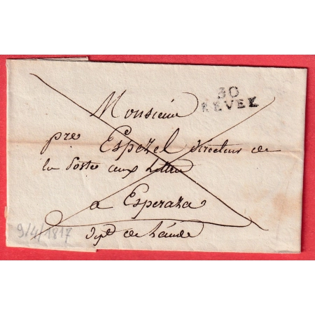 MARQUE EN FRANCHISE DES POSTES 30 REVEL HAUTE GARONNE 1817 POUR ESPERAZA AUDE