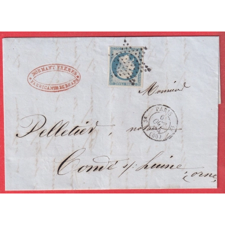 N°14 BLEU LAITEUX PARIS 3E 60 12 ETOILE PLEINE POUR CONDE SUR HUINE ORNE 3 OCT 1854