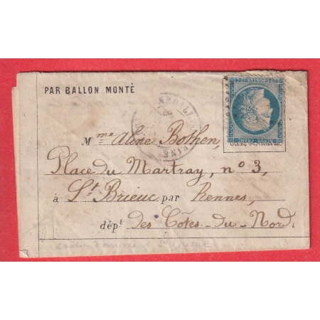 BALLON MONTE POSTE DE PARIS TEXTE COLOMBES SEINE ENTREE PASSEUR ? 15.01.1871 ST BRIEUC COTES DU NORD GC NEUILLY TEXTE MILITAIRE
