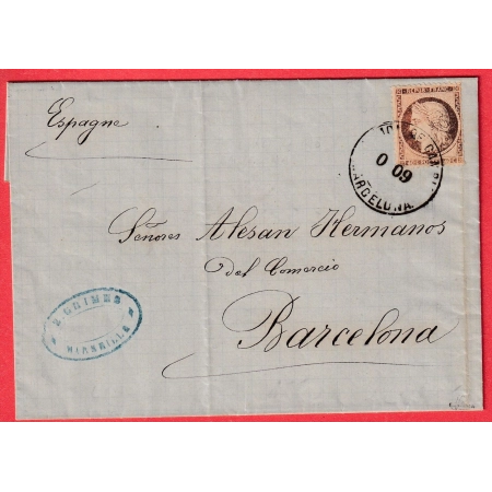 N°38 OBLITERATION ESPAGNE ADMON DE CAMBO BARCELONA LETTRE DE MARSEILLE 1873 POSTE MARITIME