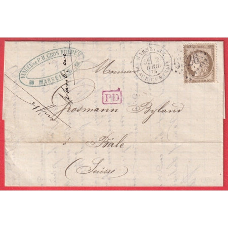 N°56 GC 6326 MARSEILLE PLACE CENTRALE POUR BALE SUISSE 1875