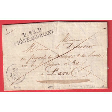 MARQUE P42P CHATEAUBRIANT LOIRE INFERIEURE TEXTE DE ST JULIEN DE VOUVANTES POUR PARIS 1831 INDICE 16