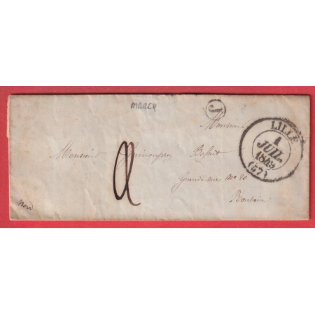 CAD TYPE 13 LILLE NORD BOITE RURALE J MARCQ EN BAROEUL POUR ROUBAIX 1 JUILLET 1849