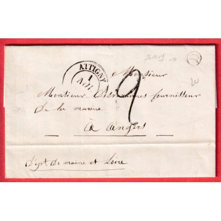 CAD TYPE 13 ATTIGNY ARDENNES BOITE RURALE D SEMUY TAXE TAMPON 2 POUR ANGERS 1849