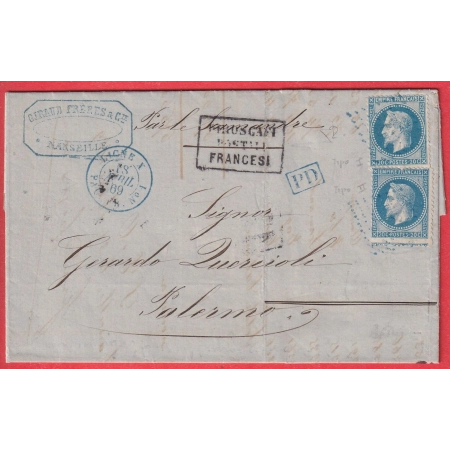 N°29A + 29B ANCRE BLEUE LIGNE X PAQ FR N°1 BLEU MARSEILLE POUR PALERME PALERMO ITALIE ITALIA PIROSCAFI POSTALI FRANCESI