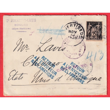 N°97 BEAULIEU ALPES MARITIMES POUR CHICAGO ETATS UNIS USA 1900 RETOUR ENVOYEUR RECLAMATIONS EN BLEU