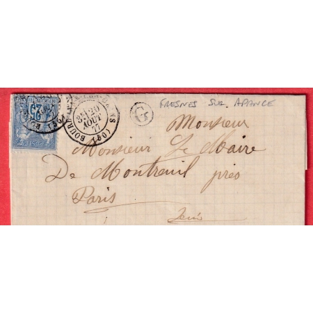 N°79 CAD BOURBONNE LES BAINS HAUTE MARNE BOITE RURALE G FRESNES SUR APANCE POUR MONTREUIL SEINE PARIS 1877