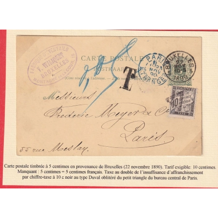 ENTIER BELGIQUE BRUXELLE 1890 TAXE TYPE DUVAL 10C NOIR + CAD PARIS ETRANGER NOIR