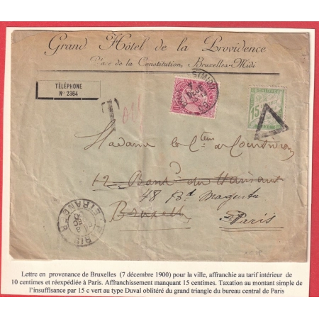 BELGIQUE 10C ROUGE BRUXELLES MIDI 1900 TAXE 15C DUVAL VERT REEXPEDIEE PARIS ENTREE PARIS ETRANGER