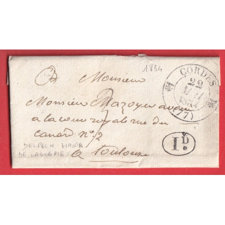 CAD TYPE 12 CORDES DECIME RURALE LAGUEPIE DU TARN 1834 POUR TOULOUSE