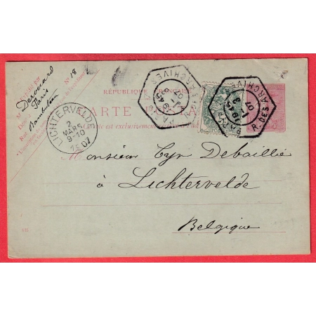 ENTIER SEMEUSE LIGNE + N°111 LEVEE EXCEPTIONNELLE PARIS R DES ARCHIVES POUR LICHTERVELDE BELGIQUE 1907