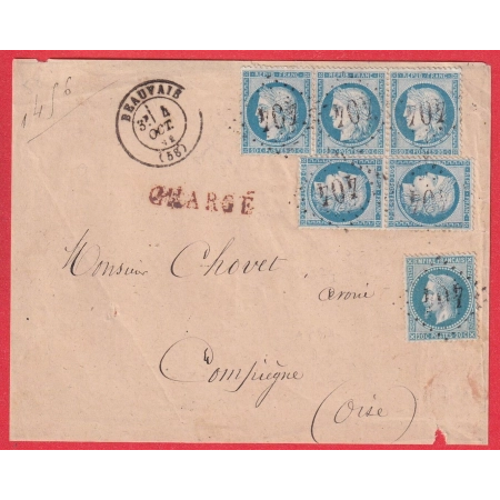 N°37 BANDE DE 3 + PAIRE + N°29 GC 404 BEAUVAIS DEVANT DE LETTRE CHARGE POUR COMPIEGNE