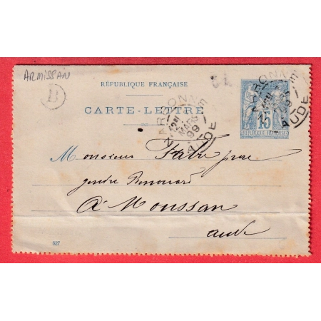 ENTIER SAGE 15C BLEU NARBONNE AUDE BOITE RURALE B ARMISSAN POUR MOUSSAN