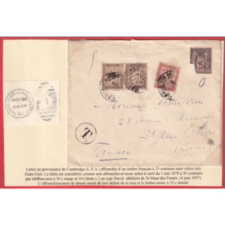 N°97 POSTE A CAMBRIDGE USA ETATS UNIS AMERIQUE TAXE A 50C TYPE DUVAL ST MAUR DES FOSSES SEINE 1897