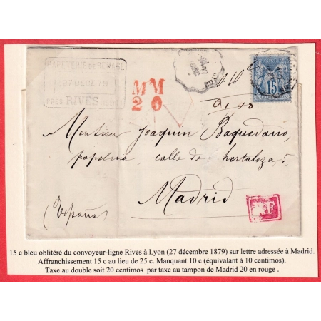 N°90 CONVOYEUR LIGNE RIVES A LYON TAXE ESPAGNOLE ESPAGNE MM20 CENTIMOS ROUGE POUR MADRID