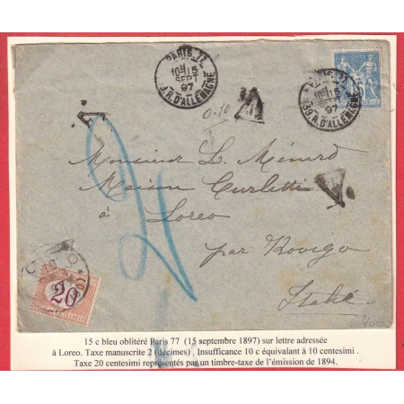 N°90 PARIS 77 39 R D'ALLEMAGNE 1897 TAXE 20 CENTESIMI ROVIGO ITALIE