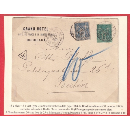 N° 90 75 BORDEAUX BOURSE GIRONDE 1895 TAXE 10 AU CRAYON BLEU BERLIN ALLEMAGNE