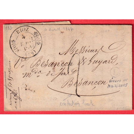 TAXE 2 FABRICATION LOCALE CAD TYPE 11 RIOZ HAUTE SAONE BOITE RURALE L FORGES DE MAIZIERES POUR BESANCON 1847