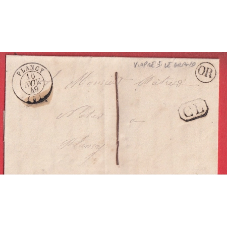 CAD TYPE 15 PLANCY AUBE TAXE LOCALE 1 CL EN NOIR OR VIAPRES LE GRAND 1849 POUR PLANCY
