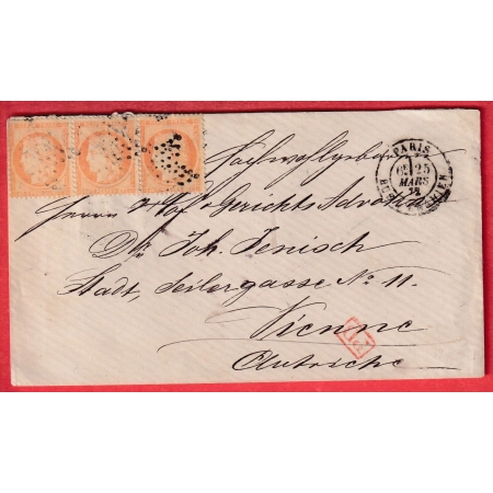 N°38 BANDE DE 3 PARIS ETOILE 2 RUE D'ENGHEINS POUR VIENNE AUTRICHE 1872 AUSTRIA