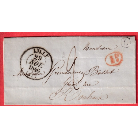 CAD TYPE 13 LILLE NORD BOITE RURALE L MARCQ EN BAROEUL POUR ROUBAIX 1846 DECIME RURAL