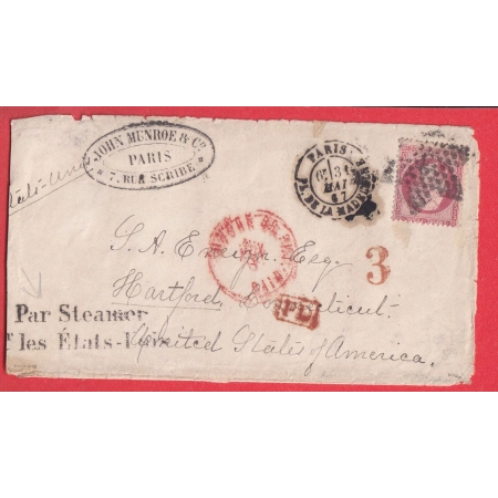 N°24 PARIS ETOILE 3 PL DE LA MADELEINE POUR HARTFORD CONNECTICUT USA STEAMER LES ETATS UNIS 1867