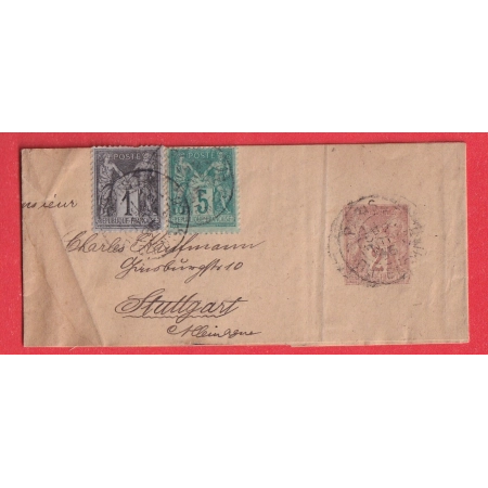 ENTIER BANDE JOURNAL SAGE 2C BRUN + N°83 75 PARIS RUE D'ENGHIENS POUR STUTTGART ALLEMAGNE RARE TARIF A 8C