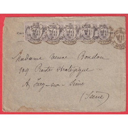 N°87 BANDE DE 5 PARIS MONGE 1891 POUR IVRY SUR SEINE