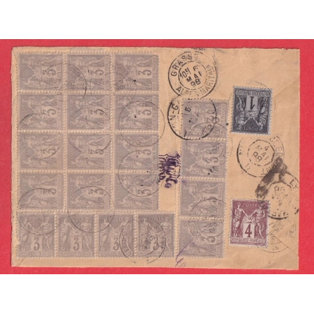 N°87 BLOC DE DOUZE + 2 BANDES DE 4 + N°83 N°88 DOS DE LETTRE RECOMMANDEE POUR GRASSE ALPES MARITIMES 1898