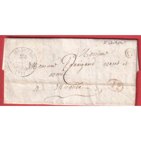 CAD TYPE 12 MARCIAC GERS BOITE RURALE C ST LAURENT + DECIME RURAL POUR MIRANDE 1836