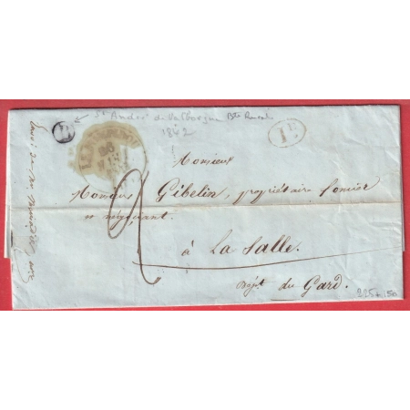 CAD TYPE 13 LE POMPIDOU LOZERE BOITE RURALE B ST ANDRE DE VALBORGNE DECIME RURAL POUR LA SALLE GARD 1842