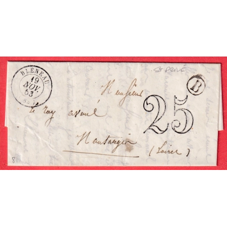 CAD TYPE 15 BLENEAU YONNE BOITE RURALE B ST PRIVE TAXE TAMPON 25C POUR MONTARGIS LOIRET