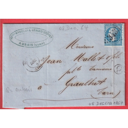 N°22 GC 3433 SOMMIERES GARD BOITE RURALE Q AUBAIS POUR GRAULHET TARN 1864