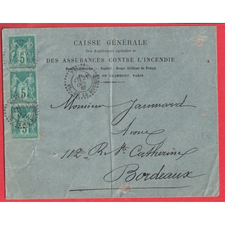 N°75 BANDE DE 3 PARIS CACHET ESSAI PL DE LA BOURSE 1882 POUR BORDEAUX