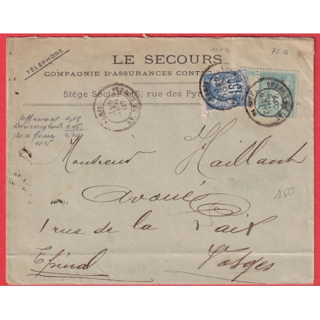 N°75 90 LEVEE EXCEPTIONNELLE PARIS E3 AV DE L'OPERA POUR EPINAL VOSGES RARE