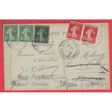 CARTE POSTALE REEXPEDIEE N°137 X3 DONT UN CAD URIAGE ISERE 138 PAIRE ROYAN CHARENTE INFERIEURE 1.09.1921