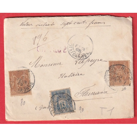 N°80 X2 90 CAD BLEU NERAC LOT ET GARONNE LETTRE CHARGEE POUR FLEURANCE GERS