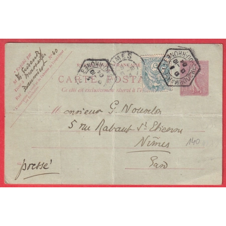 N°111 ENTIER 10C SEMEUSE LIGNEE PARIS LEVEE EXCEPTIONNELLE MARSEILLE BOUCHES DU RHONE POUR NIMES DISTRIBUEE LE MEME JOUR