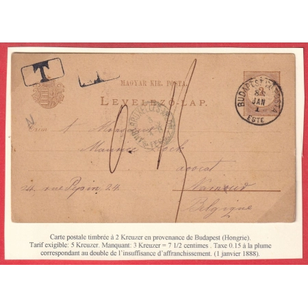 ENTIER HONGRIE HUNGARY BUDAPEST 1ER JANVIER 1888 TAXE MANUCRIT 0.15 NAMUR BELGIQUE