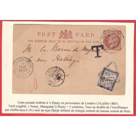 ENTIER LONDRES LONDON 1885 TAXE TYPE DUVAL 10C NOIR PARIS RAYON CENTRAL 1885