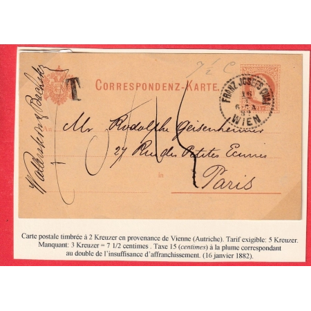 ENTIER AUTRICHE 2 KREUZER 1882 WIEN FRANZ JOSEFS QUAI TAXE MANUSCRIT 15C PARIS
