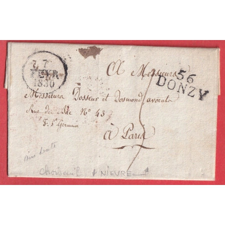 MARQUE 56 DONZY NIEVRE TEXTE PROPRIETES DU COMTE DE CHOISEUIL POUR PARIS 1830