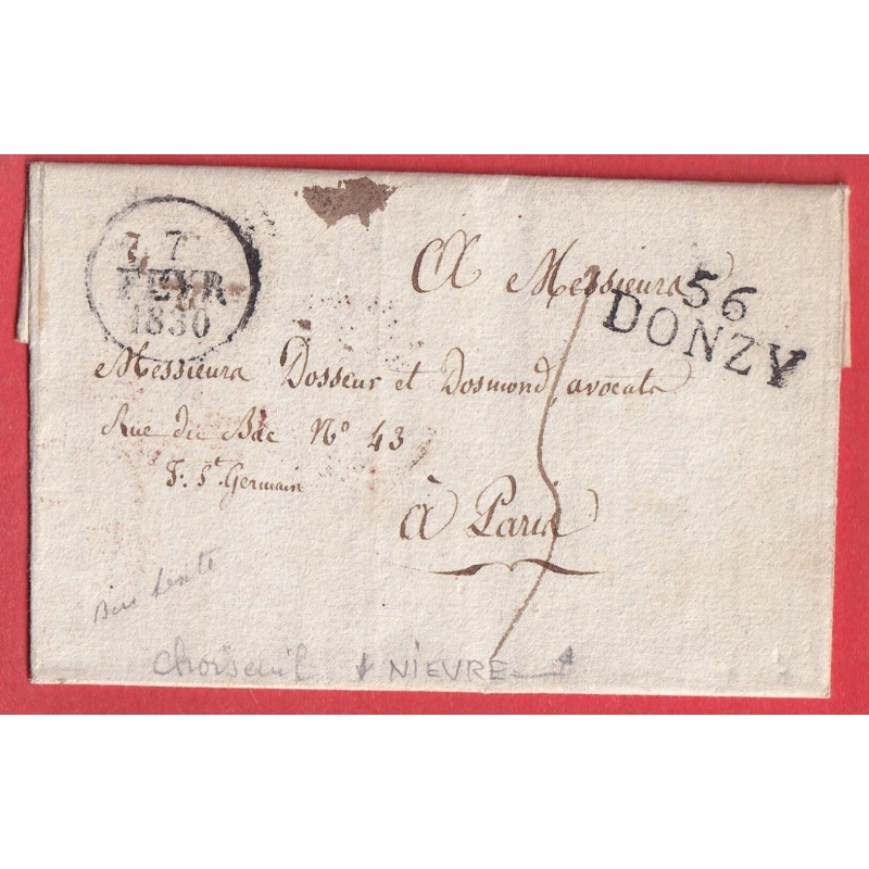 MARQUE 56 DONZY NIEVRE TEXTE PROPRIETES DU COMTE DE CHOISEUIL POUR PARIS 1830