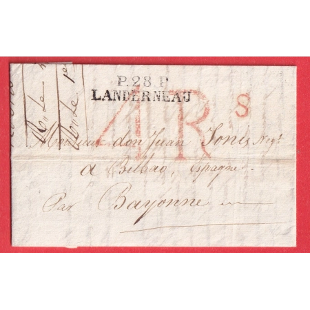 MARQUE P28P LANDERNEAU COTES DU NORD TAXE TAMPON 4 REALS POUR BILBAO ESPAGNE SPAIN VIA BAYONNE BASSES PYRENEES 1817