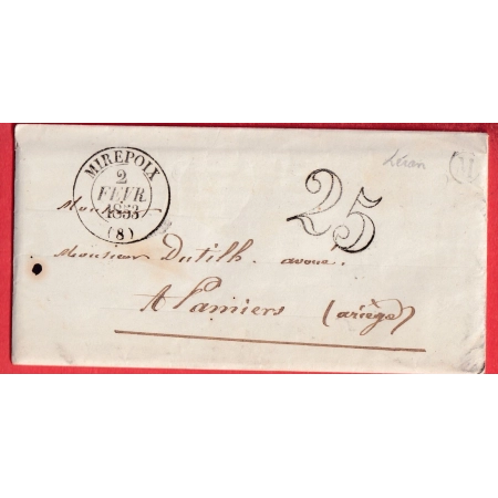 CAD TYPE 13 MIREPOIX ARIEGE 1853 TAXE TAMPON 25 BOITE RURALE M DE LERAN POUR PAMIERS