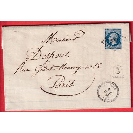 N°14 PC 2391 PAULHAN HERAULT CAD TYPE 22 BOITE RURALE A CAZOULS POUR PARIS INDICE 13