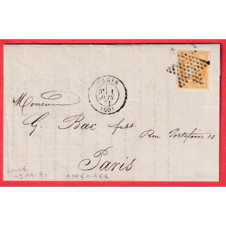 COMMUNE DE PARIS N°43B TYPE BORDEAUX OBLITERARION ETOILE PARIS BUREAU CENTRAL ACHEMINEE DE LILLE NORD 29 MAI 1871