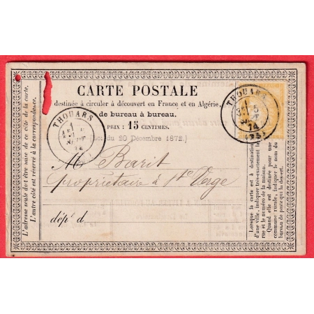 CARTE PRECUSEUR REPIQUE GARE DE THOUARS DEUX SEVRES CHEMIN DE FER DE LA VENDEE 1874 N°55